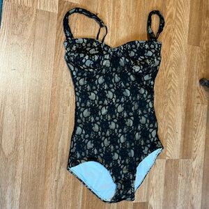 Unique Vintage black lace one piece pinup swimsuit
